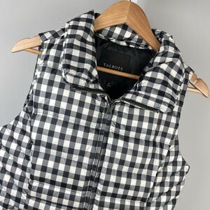 Talbots Down Filled Puffer Vest Jacket Womens M Black White Gingham Plaid